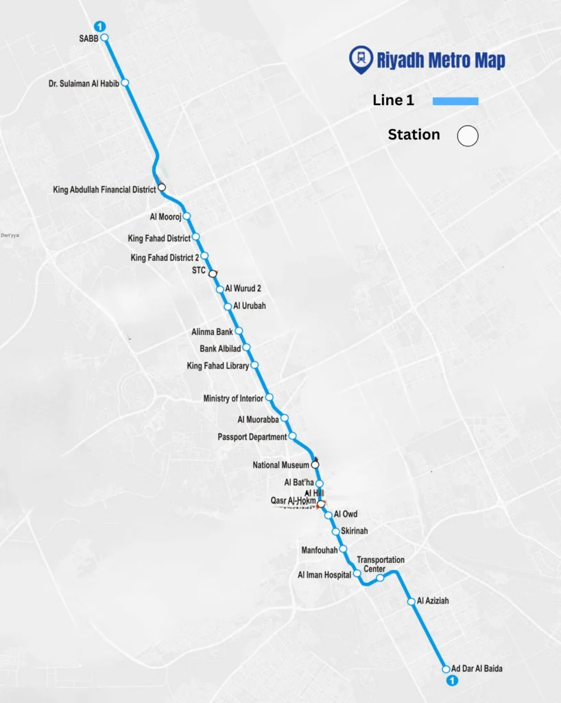 Riyadh Metro Blue Line Map showing all the stations from SABB to Ad Dar Al Baida