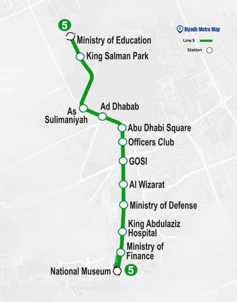 Riyadh Metro Green Line Map showing all the stations from Ministry of Education to National Museum