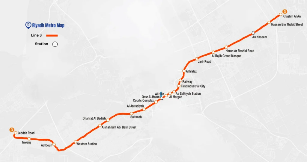 Riyadh Metro Orange Line Map showing all the stations from Khashm Al An to Jeddah Road