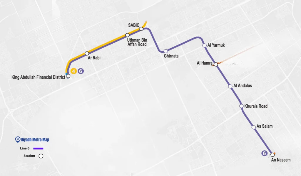 Riyadh Metro Purple Line Map showing all the stations from An Naseem to King Abdullah Financial District