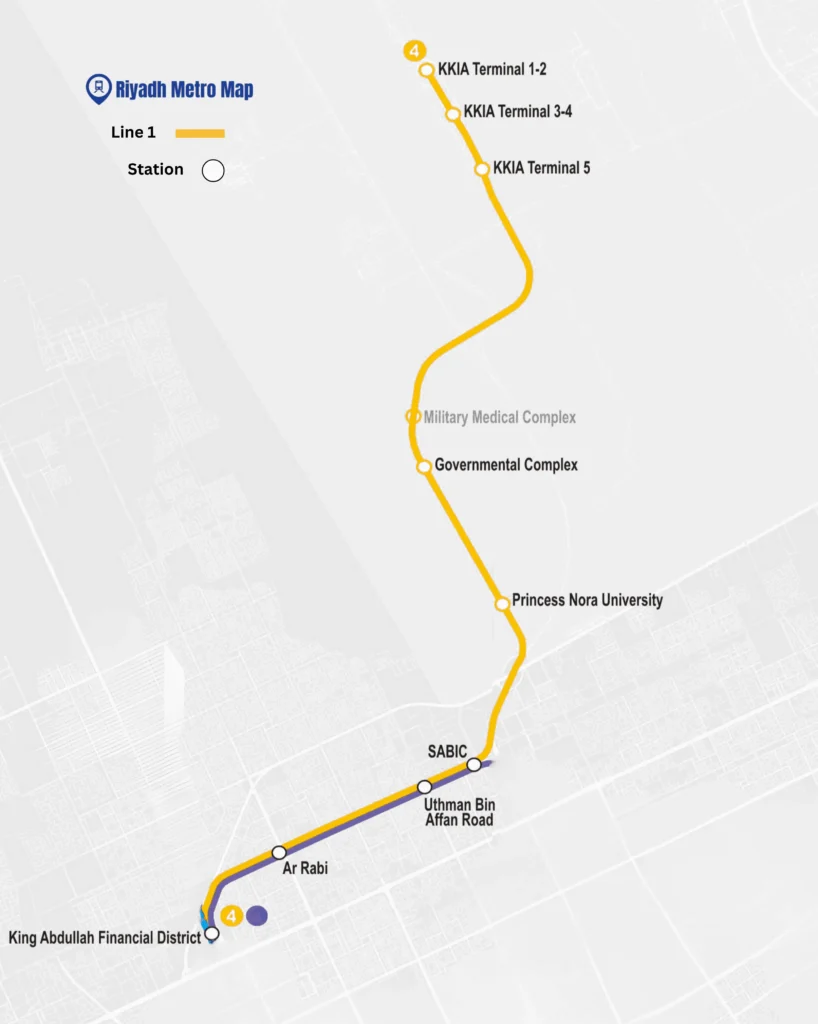 Riyadh Metro Yellow Line Map showing all the stations from KKIA terminal to King Abdullah Financial District 